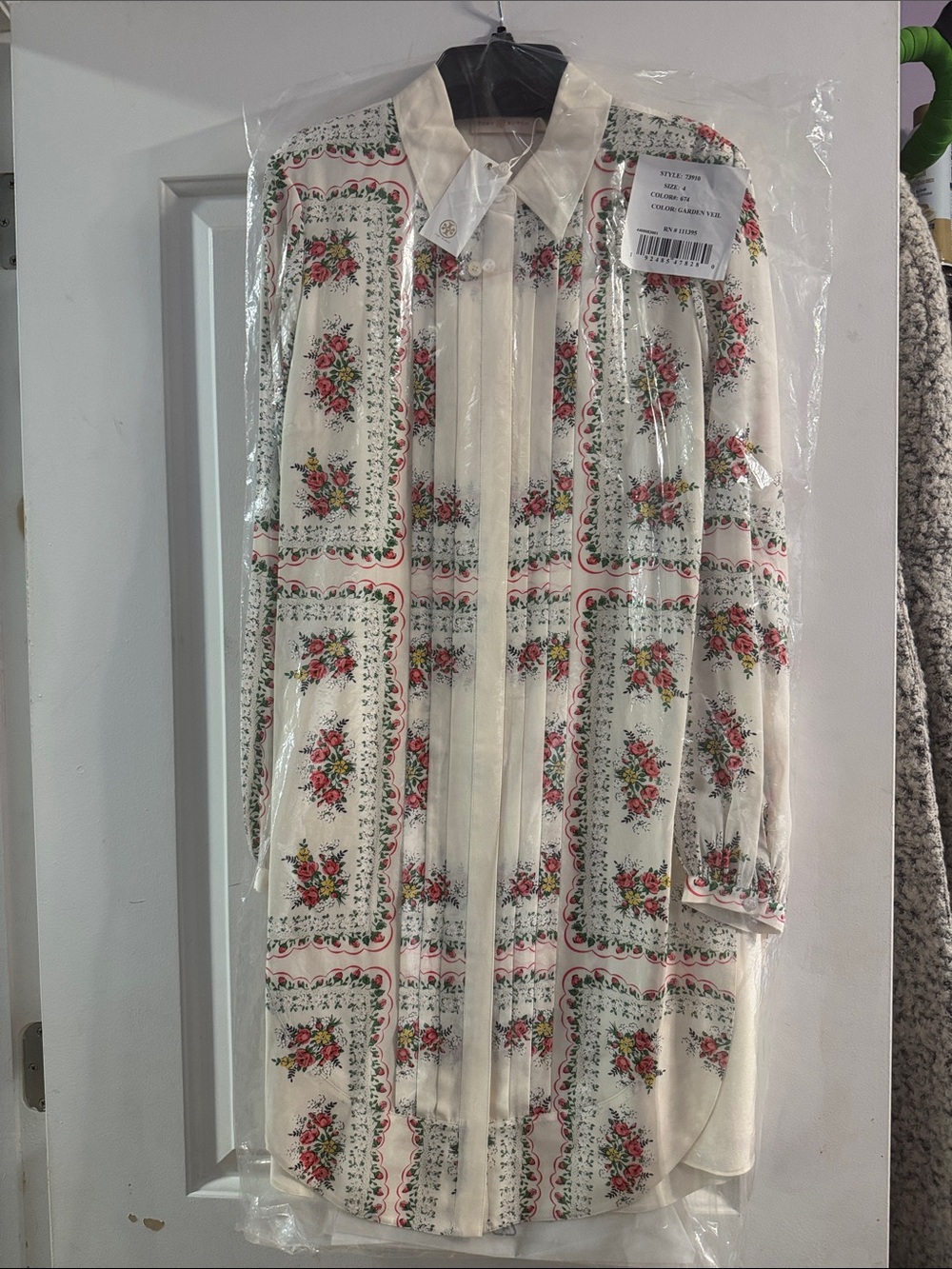 Tory Burch Cream Long Sleeve Floral Button-Up Dress with Pink & Green Bouquet